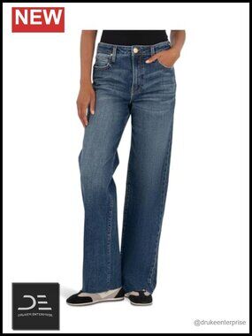 High Rise Straight Leg Jeans Raw Hem Cotton Blend 5 Pocket